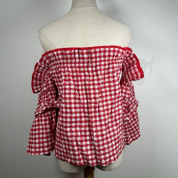 Misa Los Angeles Sabina Gingham Off The Shoulder Top Ruffle Blouse Top Red M - Picture 4 of 8